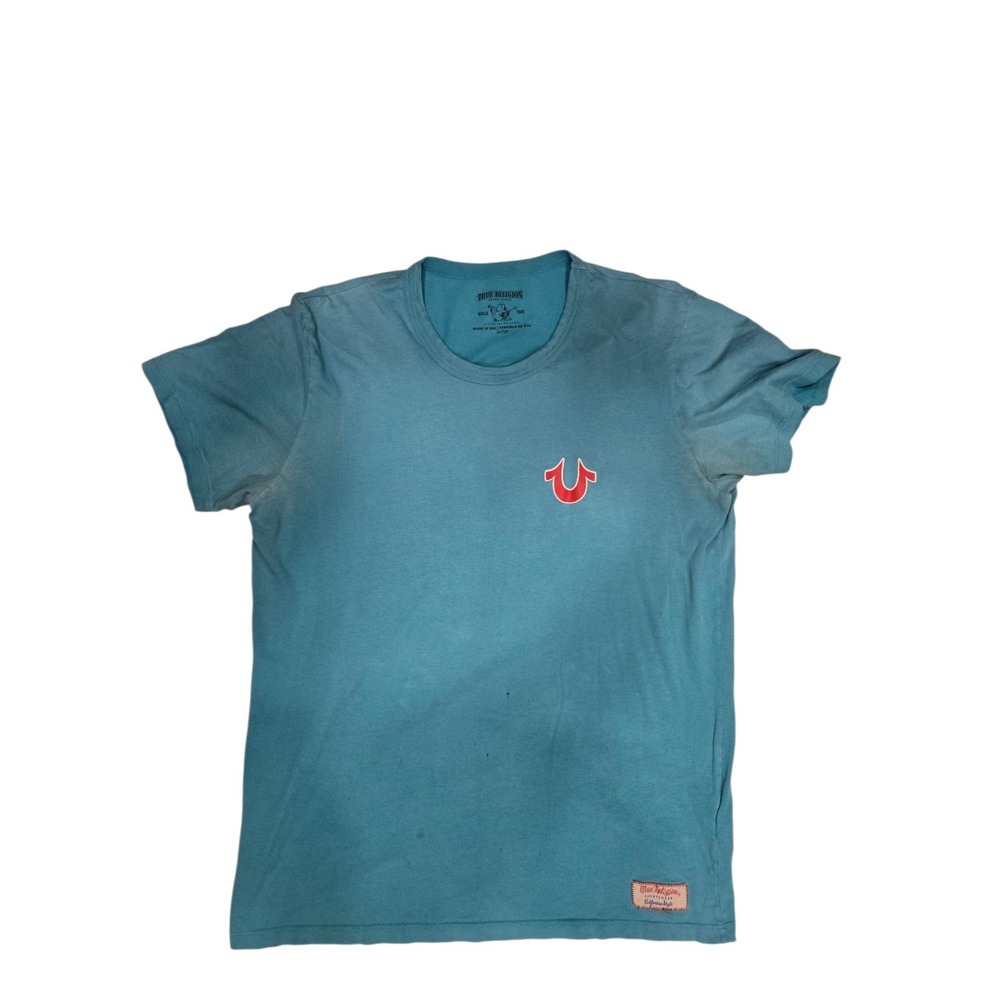 True Religion World Tour T Shirt Teal Blue USA Made XL‎ Buddha Logo